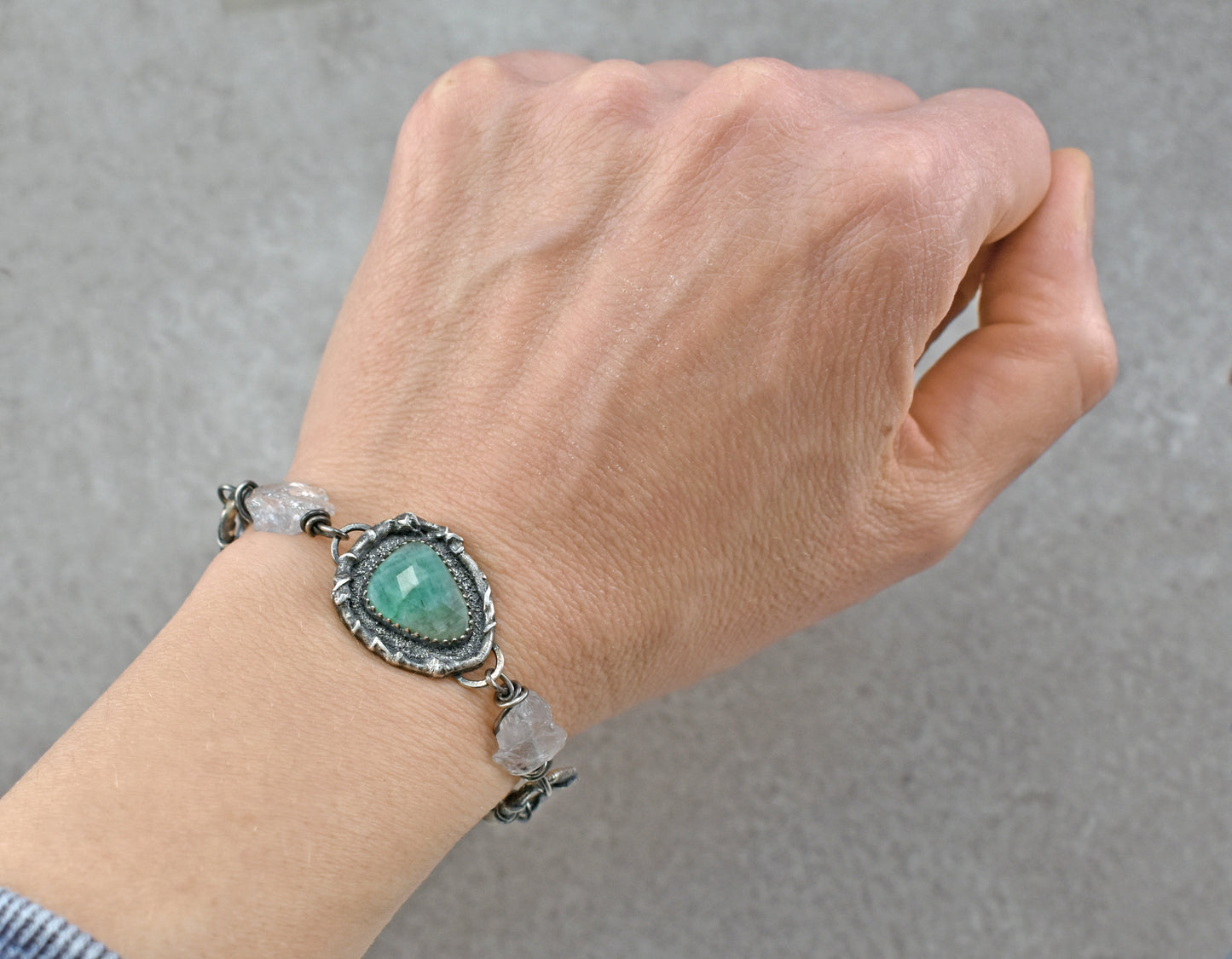 Emerald, Raw Quartz, Aquamarine and Sterling Silver Bracelet, Unique Gemstone Silversmith Jewelry