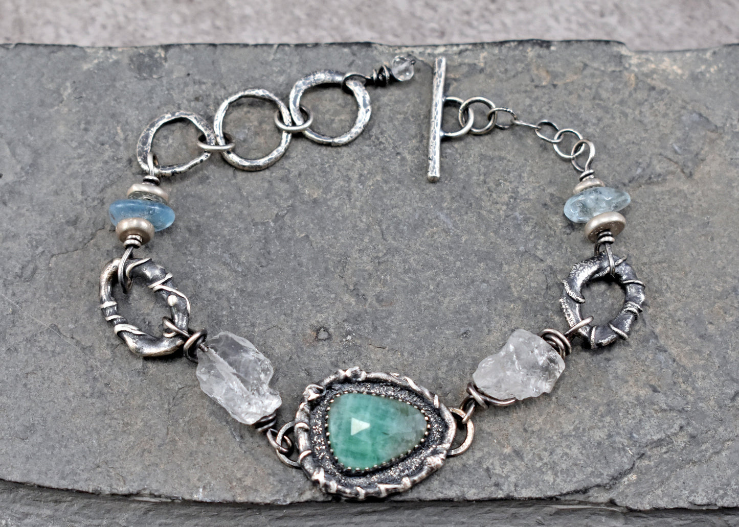 Emerald, Raw Quartz, Aquamarine and Sterling Silver Bracelet, Unique Gemstone Silversmith Jewelry