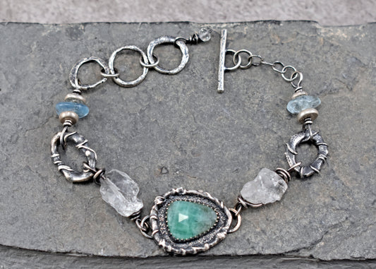 Emerald, Raw Quartz, Aquamarine and Sterling Silver Bracelet, Unique Gemstone Silversmith Jewelry
