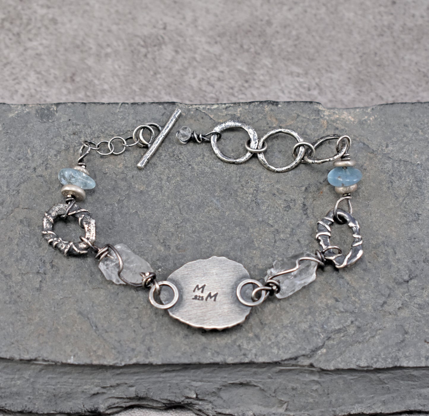 Emerald, Raw Quartz, Aquamarine and Sterling Silver Bracelet, Unique Gemstone Silversmith Jewelry