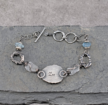 Emerald, Raw Quartz, Aquamarine and Sterling Silver Bracelet, Unique Gemstone Silversmith Jewelry