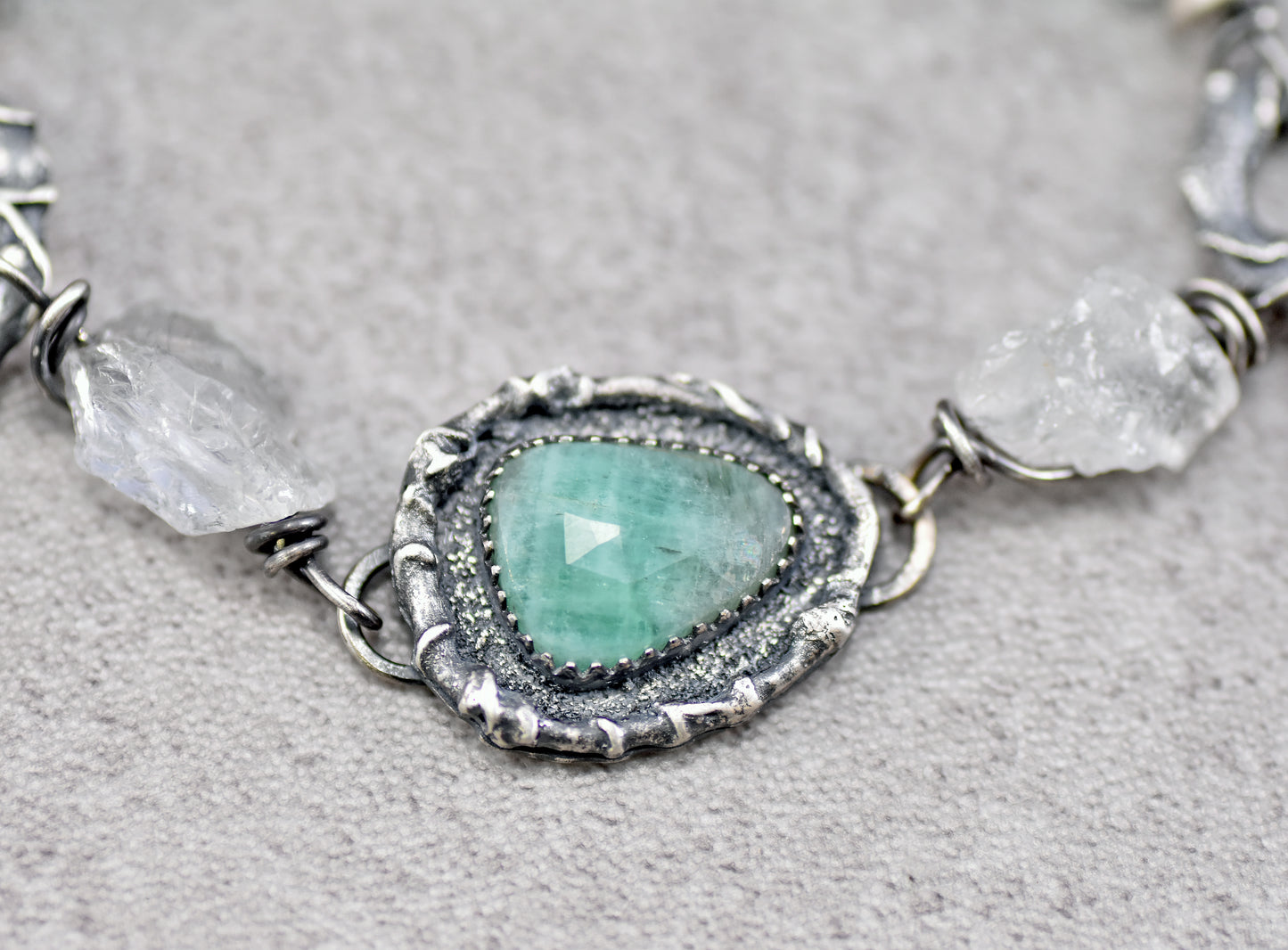 Emerald, Raw Quartz, Aquamarine and Sterling Silver Bracelet, Unique Gemstone Silversmith Jewelry