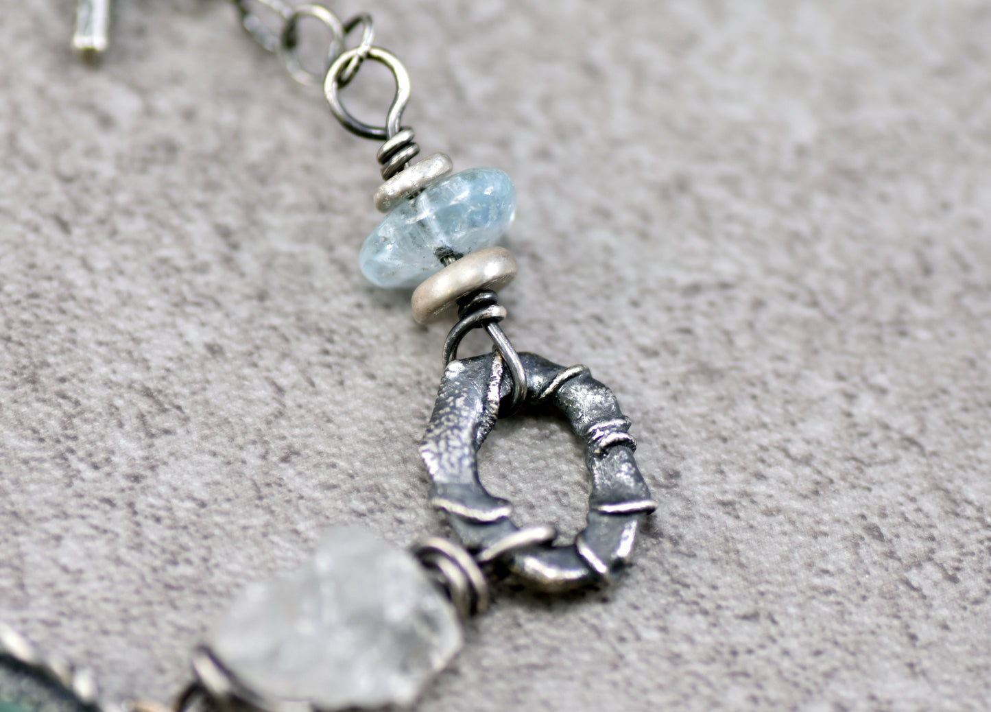 Emerald, Raw Quartz, Aquamarine and Sterling Silver Bracelet, Unique Gemstone Silversmith Jewelry