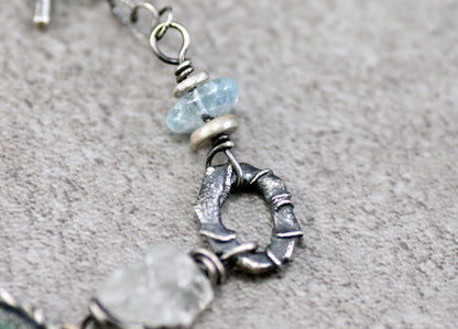 Emerald, Raw Quartz, Aquamarine and Sterling Silver Bracelet, Unique Gemstone Silversmith Jewelry