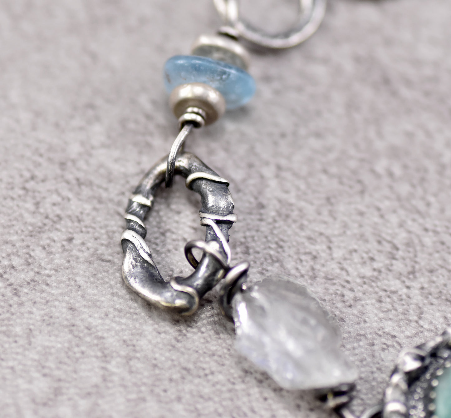 Emerald, Raw Quartz, Aquamarine and Sterling Silver Bracelet, Unique Gemstone Silversmith Jewelry
