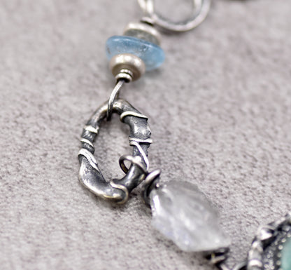 Emerald, Raw Quartz, Aquamarine and Sterling Silver Bracelet, Unique Gemstone Silversmith Jewelry