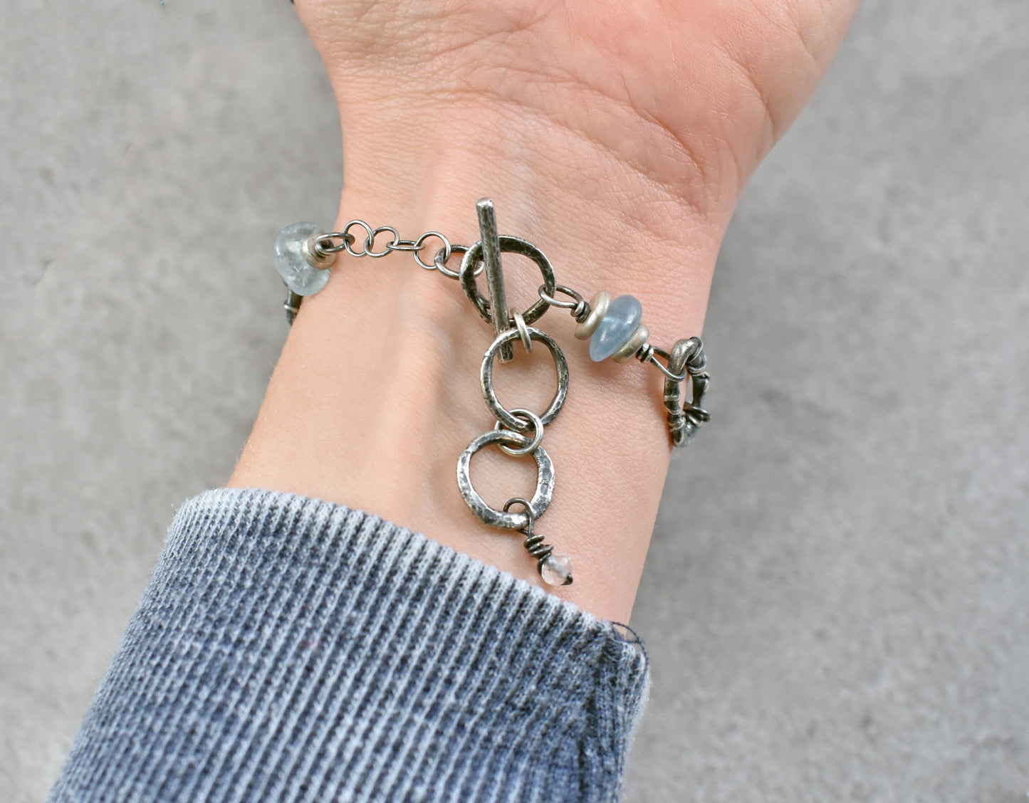 Emerald, Raw Quartz, Aquamarine and Sterling Silver Bracelet, Unique Gemstone Silversmith Jewelry