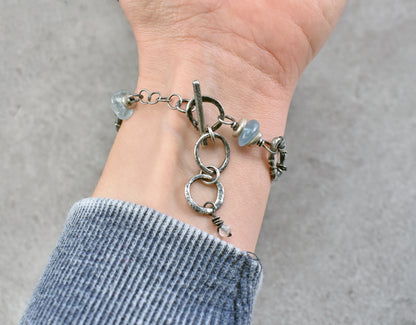 Emerald, Raw Quartz, Aquamarine and Sterling Silver Bracelet, Unique Gemstone Silversmith Jewelry