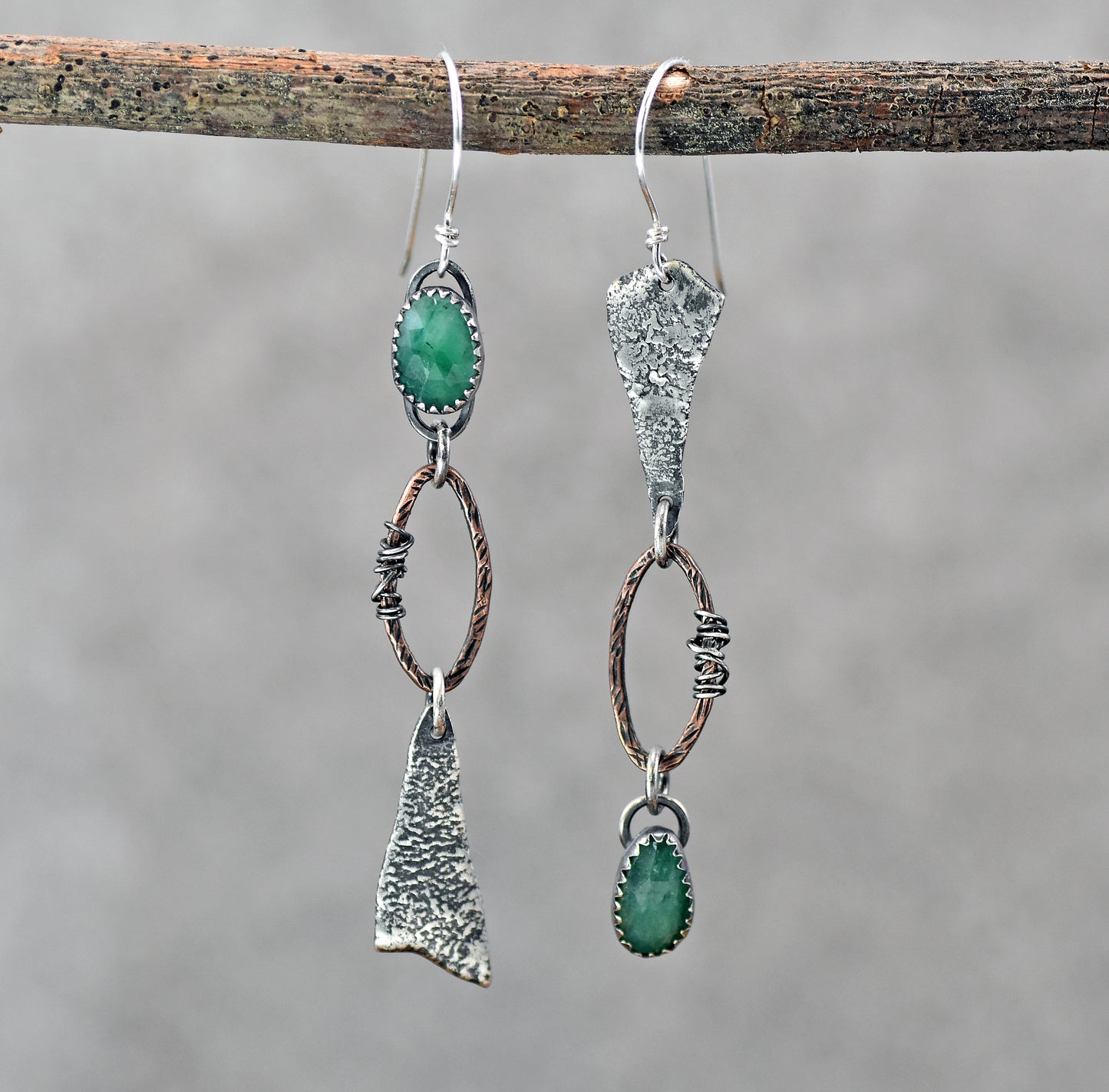 Long Emerald Mixed Metal Asymmetrical Statement Earrings, Copper and Sterling Silver Rustic Artisan Jewelry