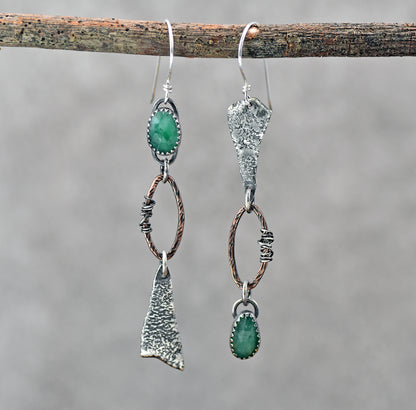 Long Emerald Mixed Metal Asymmetrical Statement Earrings, Copper and Sterling Silver Rustic Artisan Jewelry