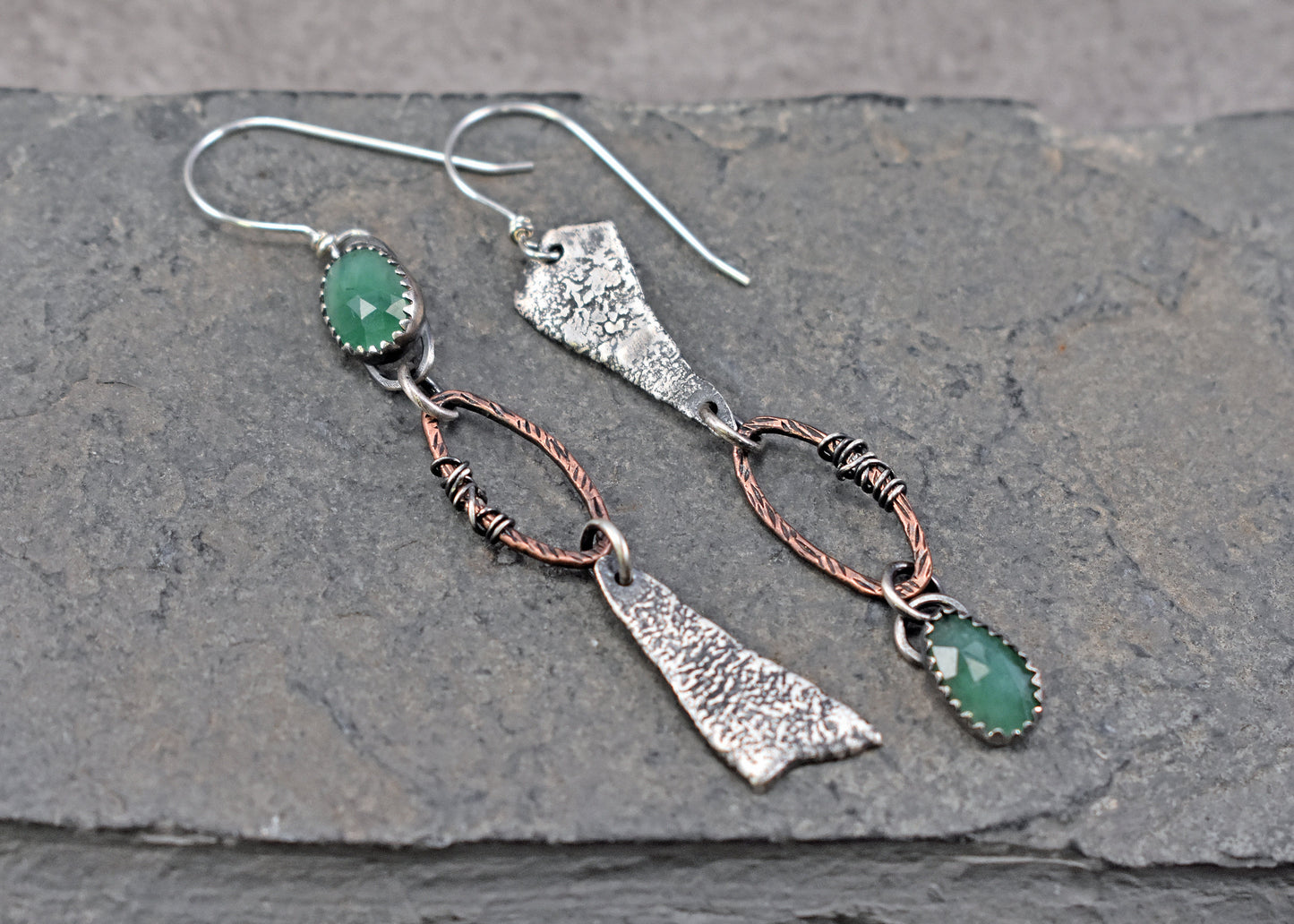 Long Emerald Mixed Metal Asymmetrical Statement Earrings, Copper and Sterling Silver Rustic Artisan Jewelry