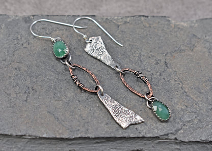 Long Emerald Mixed Metal Asymmetrical Statement Earrings, Copper and Sterling Silver Rustic Artisan Jewelry