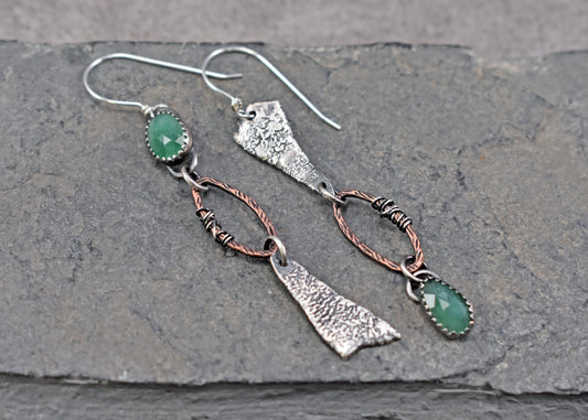 Long Emerald Mixed Metal Asymmetrical Statement Earrings, Copper and Sterling Silver Rustic Artisan Jewelry