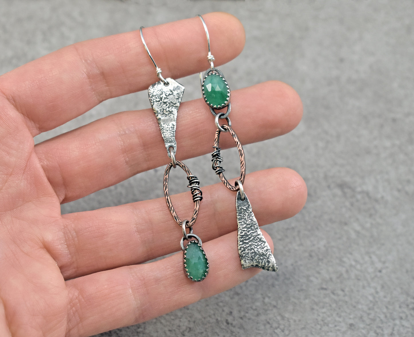 Long Emerald Mixed Metal Asymmetrical Statement Earrings, Copper and Sterling Silver Rustic Artisan Jewelry