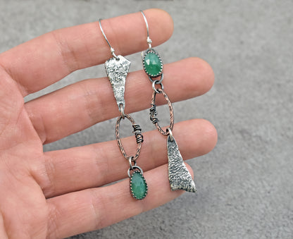 Long Emerald Mixed Metal Asymmetrical Statement Earrings, Copper and Sterling Silver Rustic Artisan Jewelry