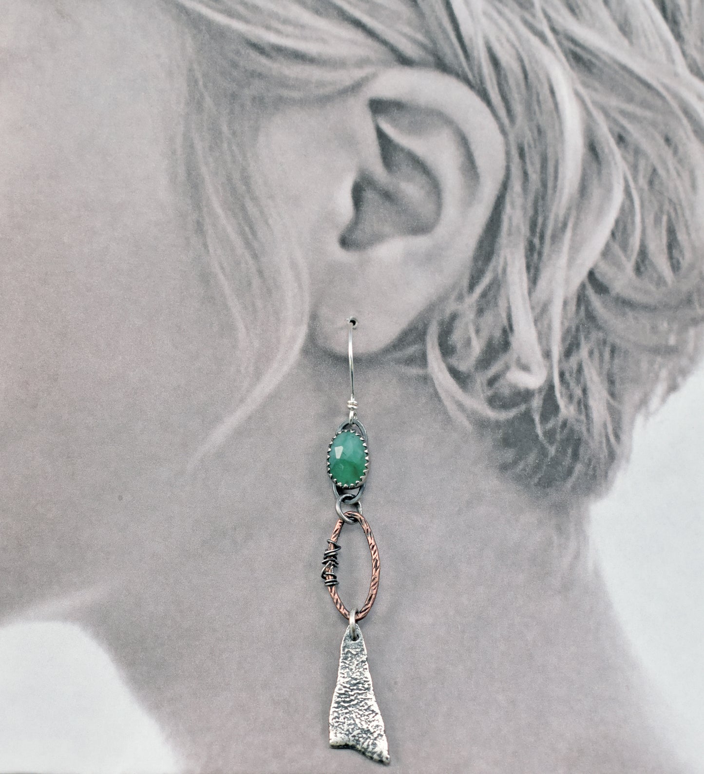 Long Emerald Mixed Metal Asymmetrical Statement Earrings, Copper and Sterling Silver Rustic Artisan Jewelry