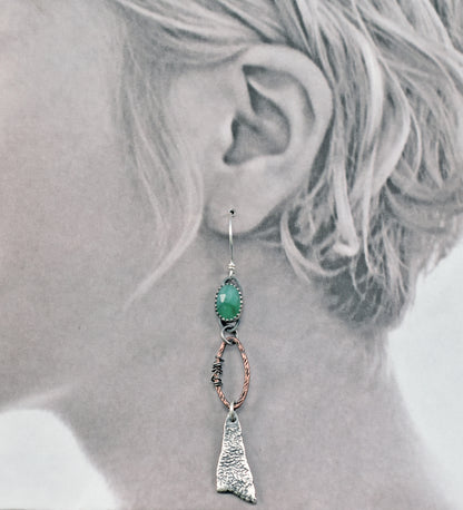Long Emerald Mixed Metal Asymmetrical Statement Earrings, Copper and Sterling Silver Rustic Artisan Jewelry