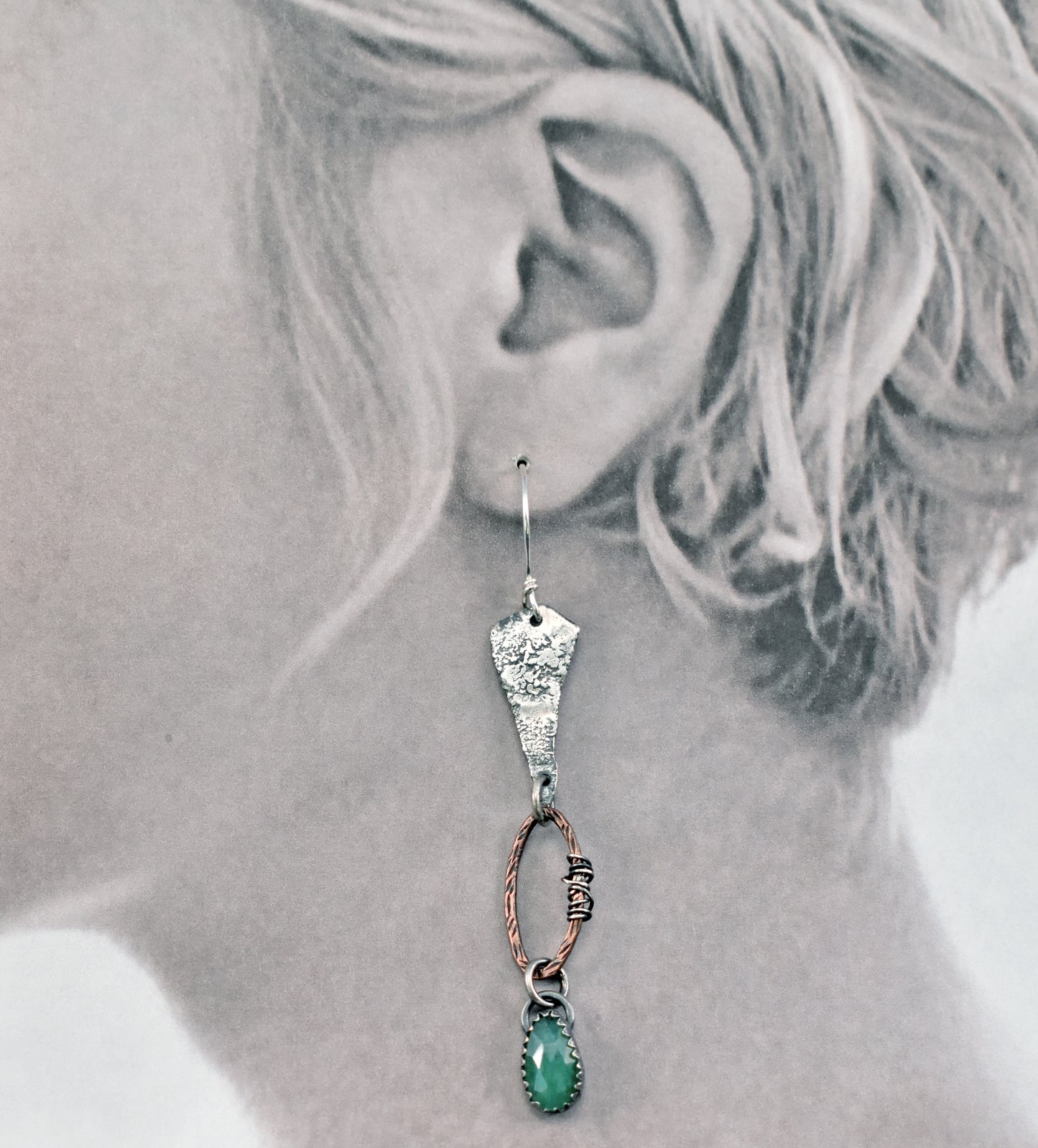 Long Emerald Mixed Metal Asymmetrical Statement Earrings, Copper and Sterling Silver Rustic Artisan Jewelry