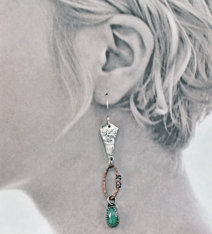 Long Emerald Mixed Metal Asymmetrical Statement Earrings, Copper and Sterling Silver Rustic Artisan Jewelry