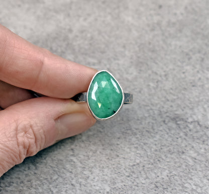 Faceted Emerald and Sterling Silver Ring, Size 7.75, Rustic Silversmith Jewelry