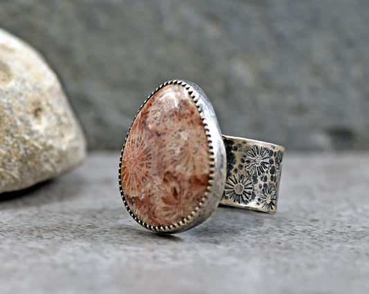 Fossilized Coral Sterling Silver Wide Band Statement Ring, Size 8.5