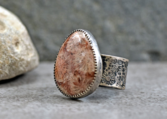 Fossilized Coral Sterling Silver Wide Band Statement Ring, Size 8.5