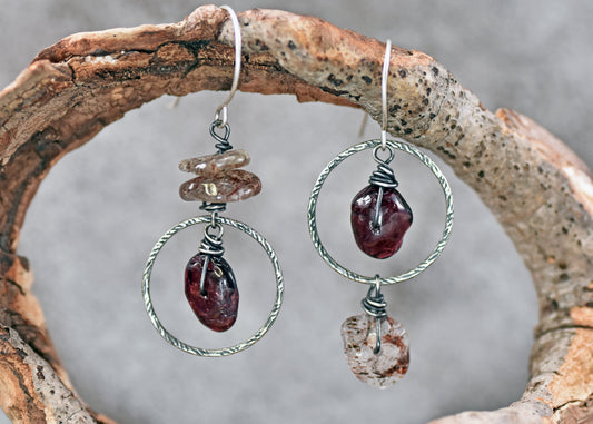Garnet and Red Rutile Quartz Earrings, Sterling Silver Asymmetrical Natural Dark Red Gemstone Dangles