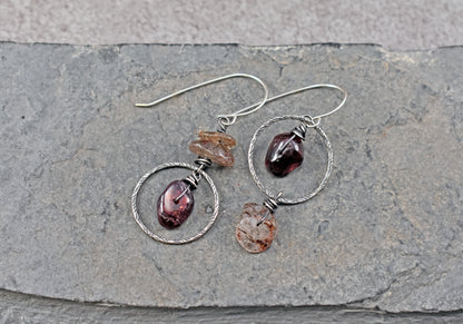Garnet and Red Rutile Quartz Earrings, Sterling Silver Asymmetrical Natural Dark Red Gemstone Dangles
