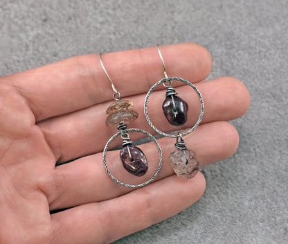 Garnet and Red Rutile Quartz Earrings, Sterling Silver Asymmetrical Natural Dark Red Gemstone Dangles