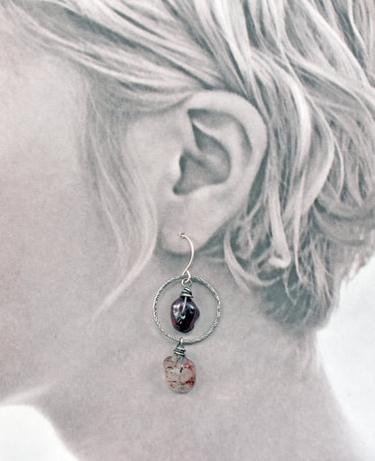 Garnet and Red Rutile Quartz Earrings, Sterling Silver Asymmetrical Natural Dark Red Gemstone Dangles