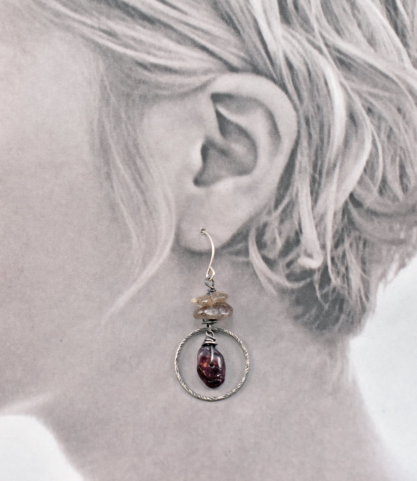 Garnet and Red Rutile Quartz Earrings, Sterling Silver Asymmetrical Natural Dark Red Gemstone Dangles