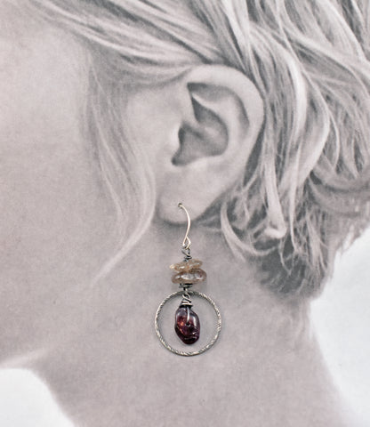 Garnet and Red Rutile Quartz Earrings, Sterling Silver Asymmetrical Natural Dark Red Gemstone Dangles