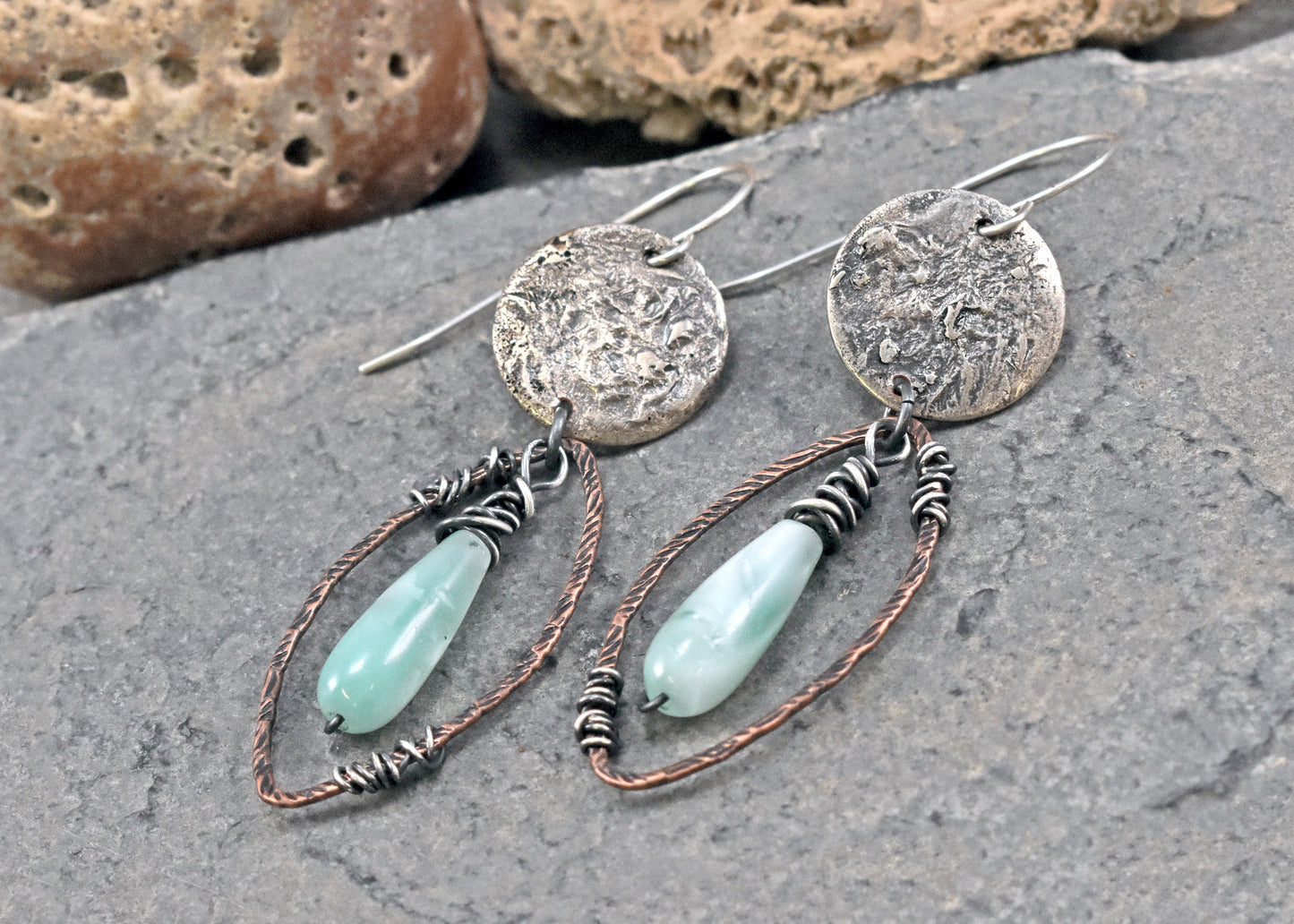 Chatoyant Green Moonstone Mixed Metal Earrings, Sterling Silver on Copper, Rustic Unique Jewelry