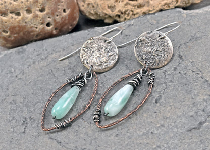 Chatoyant Green Moonstone Mixed Metal Earrings, Sterling Silver on Copper, Rustic Unique Jewelry