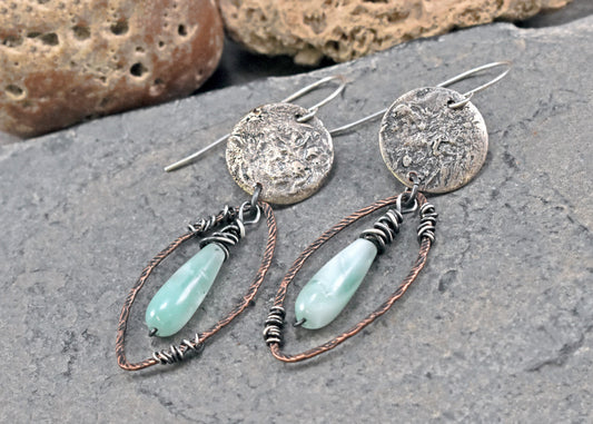 Chatoyant Green Moonstone Mixed Metal Earrings, Sterling Silver on Copper, Rustic Unique Jewelry