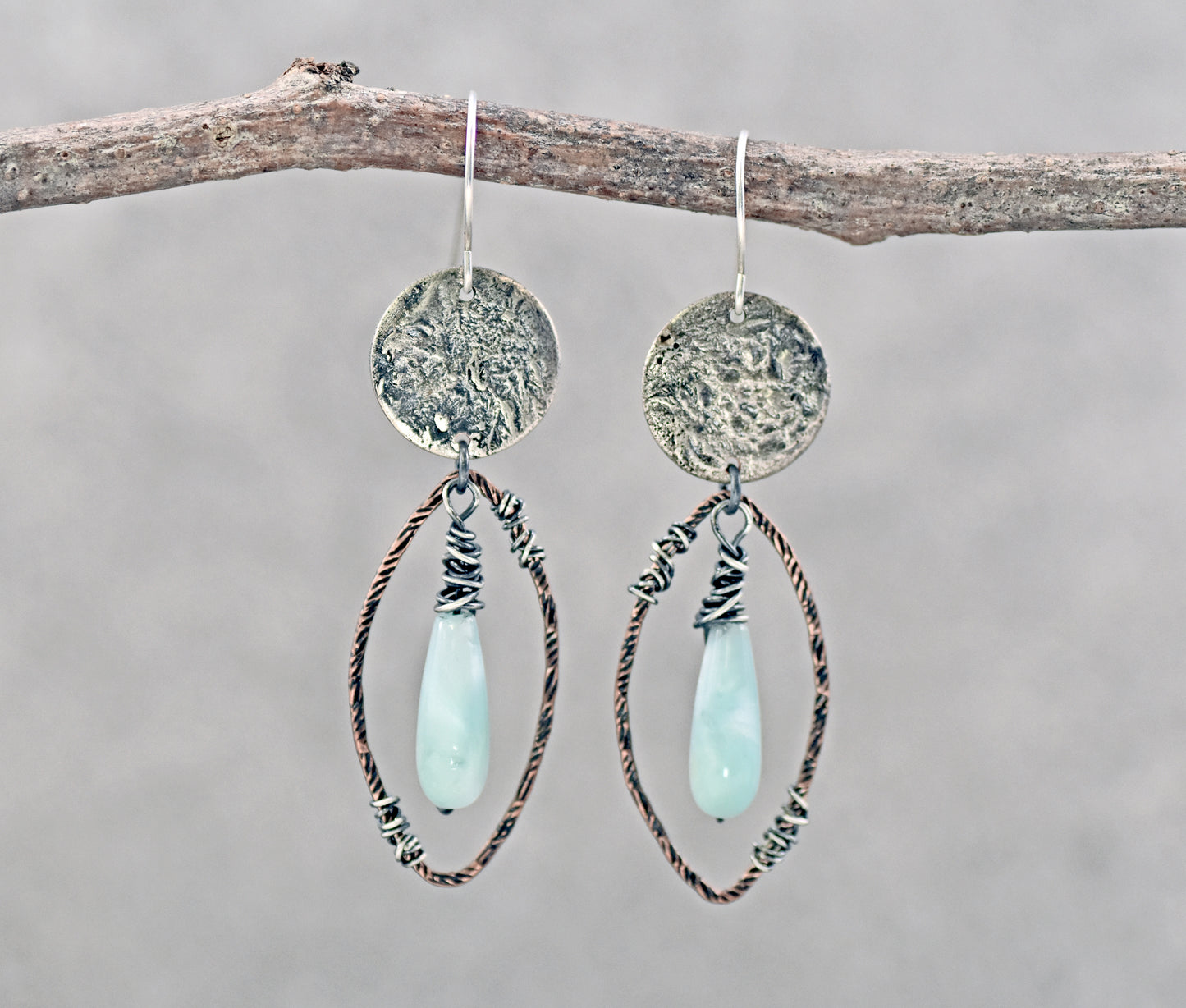 Chatoyant Green Moonstone Mixed Metal Earrings, Sterling Silver on Copper, Rustic Unique Jewelry