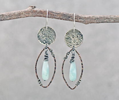Chatoyant Green Moonstone Mixed Metal Earrings, Sterling Silver on Copper, Rustic Unique Jewelry