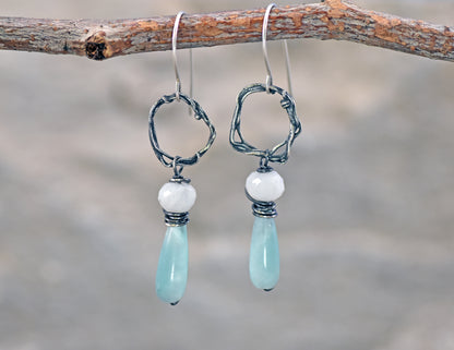 Chatoyant Green Moonstone and Sterling Silver Circle Earrings, Unique Organic Handmade Jewelry