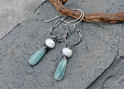 Chatoyant Green Moonstone and Sterling Silver Circle Earrings, Unique Organic Handmade Jewelry