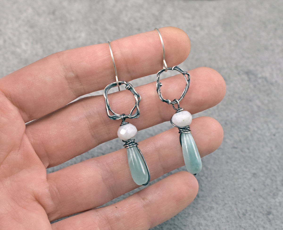 Chatoyant Green Moonstone and Sterling Silver Circle Earrings, Unique Organic Handmade Jewelry
