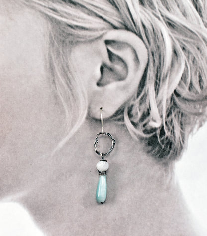 Chatoyant Green Moonstone and Sterling Silver Circle Earrings, Unique Organic Handmade Jewelry