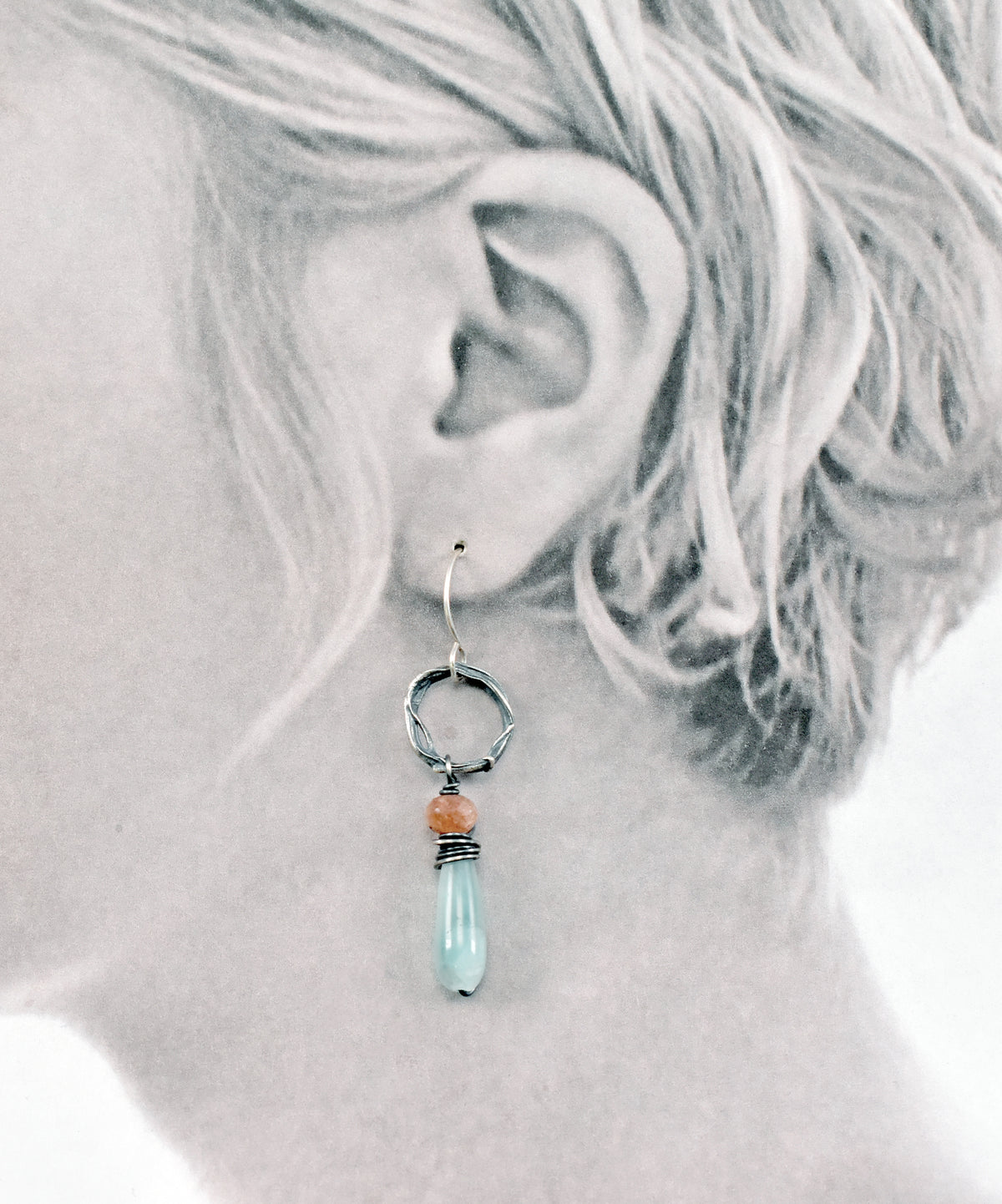 Chatoyant Green Moonstone, Sunstone and Sterling Silver Circle Earrings, Unique Organic Handmade Jewelry