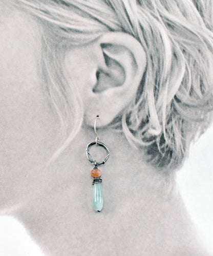 Chatoyant Green Moonstone, Sunstone and Sterling Silver Circle Earrings, Unique Organic Handmade Jewelry