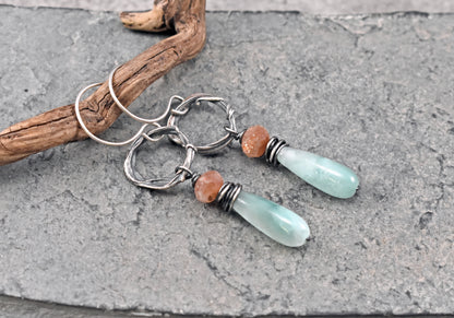 Chatoyant Green Moonstone, Sunstone and Sterling Silver Circle Earrings, Unique Organic Handmade Jewelry