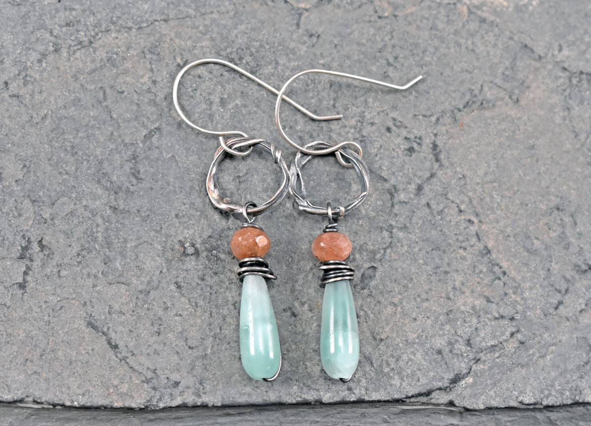 Chatoyant Green Moonstone, Sunstone and Sterling Silver Circle Earrings, Unique Organic Handmade Jewelry