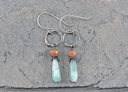 Chatoyant Green Moonstone, Sunstone and Sterling Silver Circle Earrings, Unique Organic Handmade Jewelry