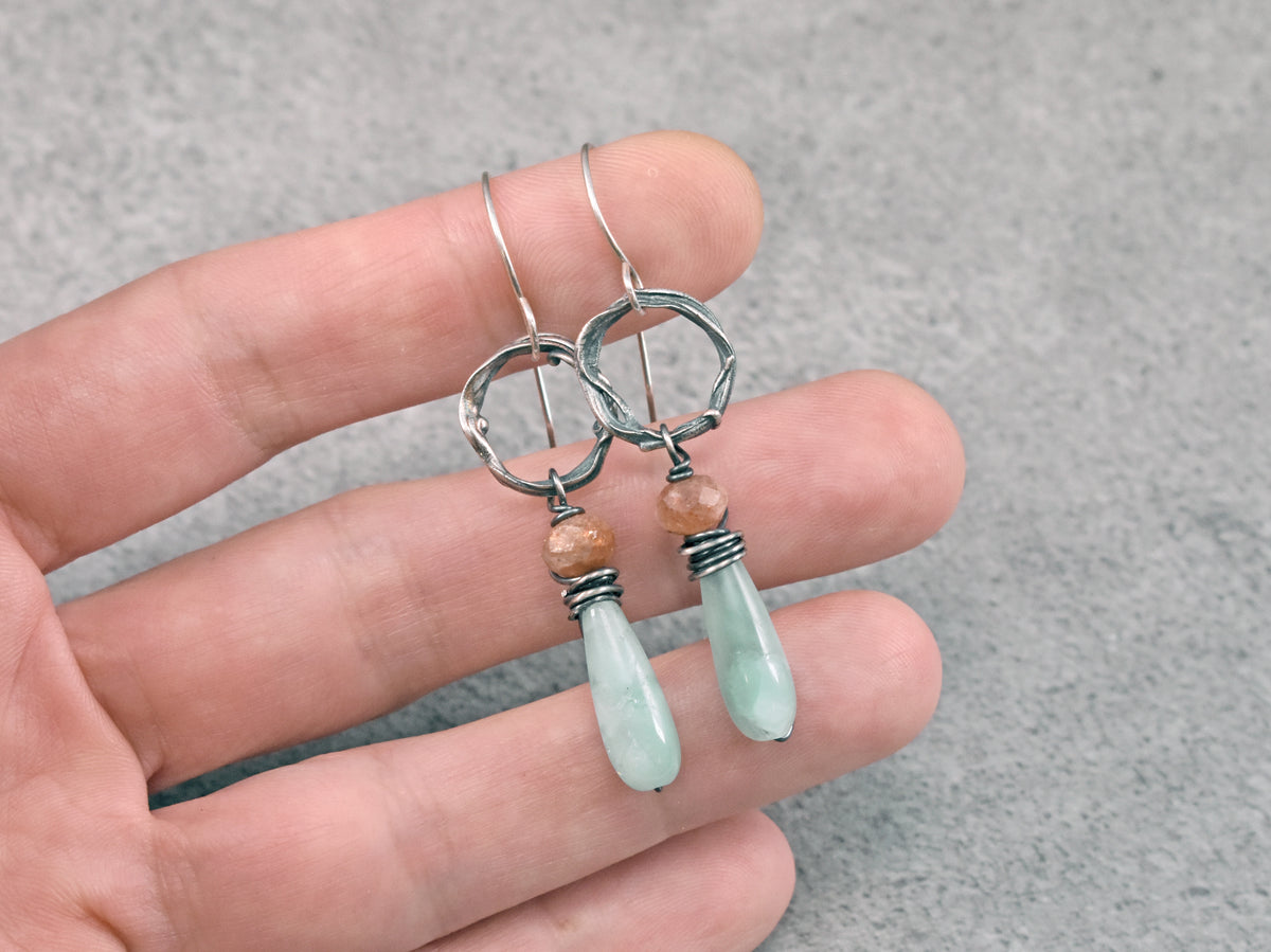 Chatoyant Green Moonstone, Sunstone and Sterling Silver Circle Earrings, Unique Organic Handmade Jewelry