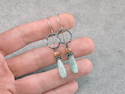 Chatoyant Green Moonstone, Sunstone and Sterling Silver Circle Earrings, Unique Organic Handmade Jewelry