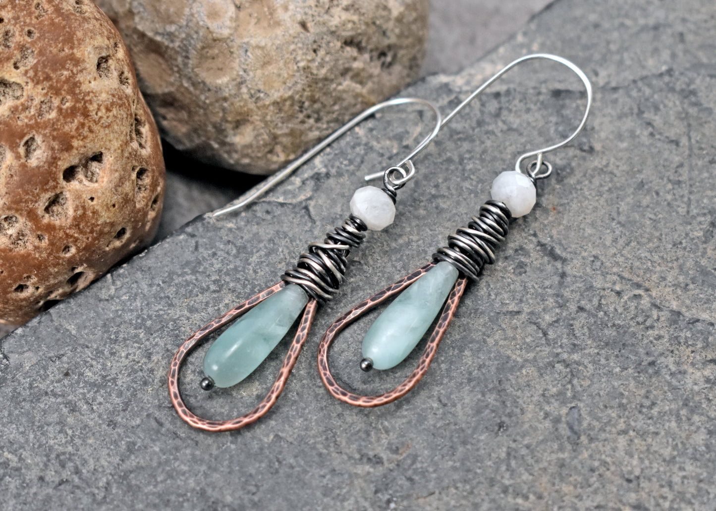 Green Moonstone Mixed Metal Earrings, Rustic Copper and Sterling Silver Jewelry
