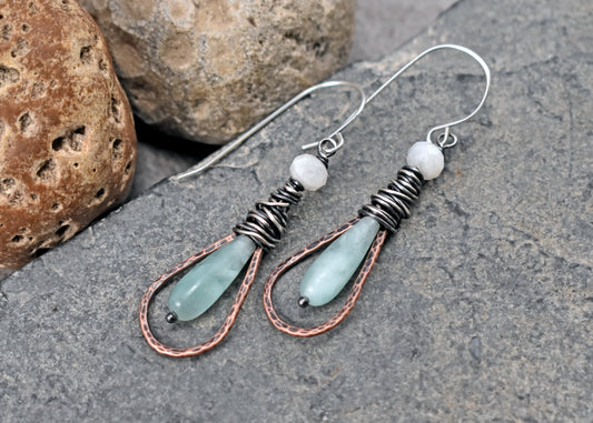 Green Moonstone Mixed Metal Earrings, Rustic Copper and Sterling Silver Jewelry